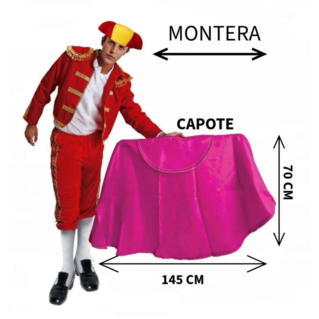 Kit Torero Español Adulto: Capote Rosa 145x70cm y Montera Ajustable para Disfraz Carnaval, Halloween y Ferias (2 Piezas)