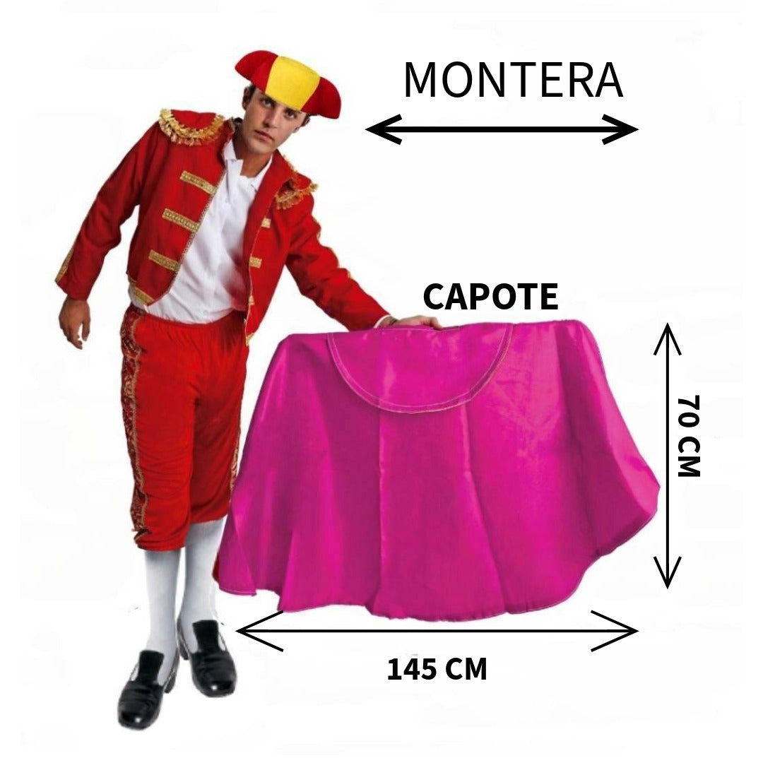 Kit Torero Español Adulto: Capote Rosa 145x70cm y Montera Ajustable para Disfraz Carnaval, Halloween y Ferias (2 Piezas)