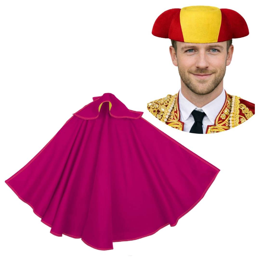 Kit Torero Español Adulto: Capote Rosa 145x70cm y Montera Ajustable para Disfraz Carnaval, Halloween y Ferias (2 Piezas)