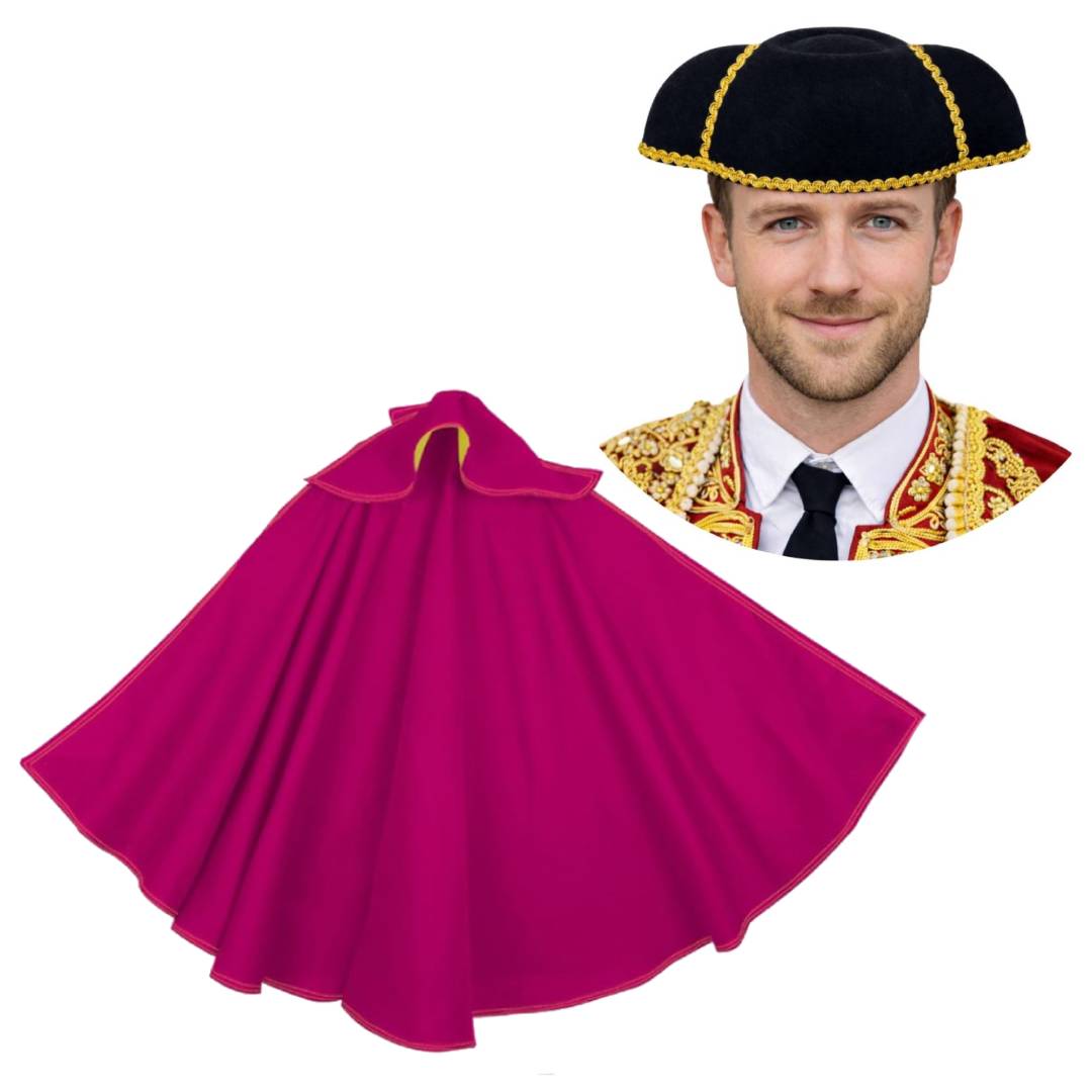 Kit Torero Español Adulto: Capote Rosa 145x70cm y Montera Ajustable para Disfraz Carnaval, Halloween y Ferias (2 Piezas)