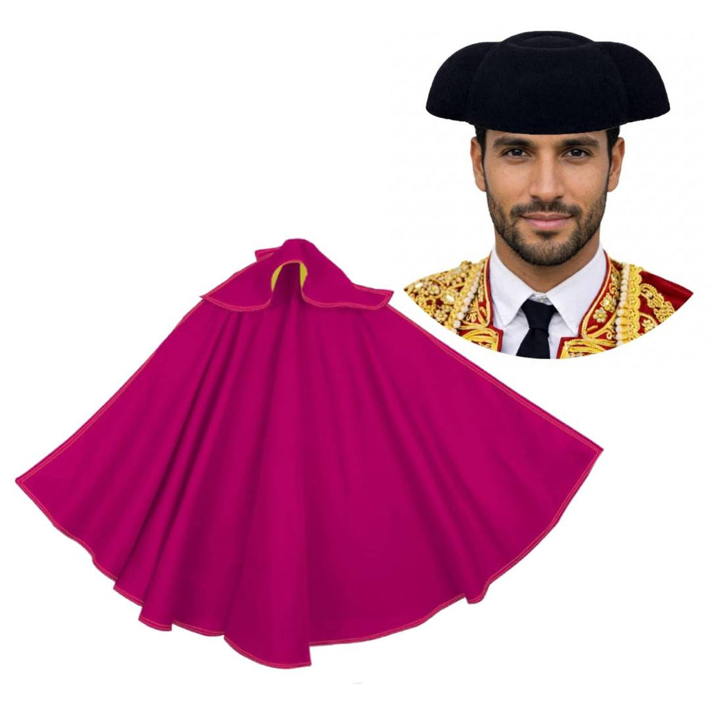 Kit Torero Español Adulto: Capote Rosa 145x70cm y Montera Ajustable para Disfraz Carnaval, Halloween y Ferias (2 Piezas)