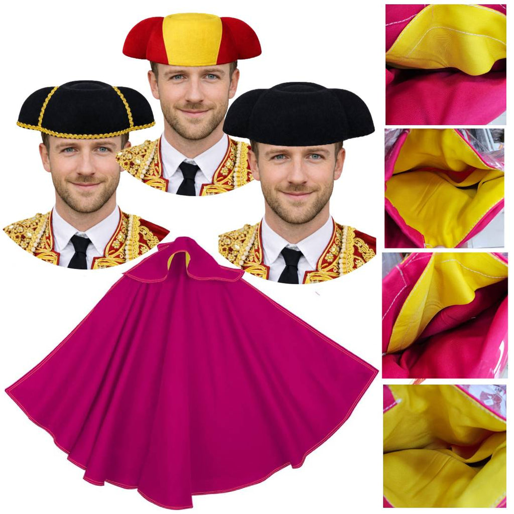 Kit Torero Español Adulto: Capote Rosa 145x70cm y Montera Ajustable para Disfraz Carnaval, Halloween y Ferias (2 Piezas)