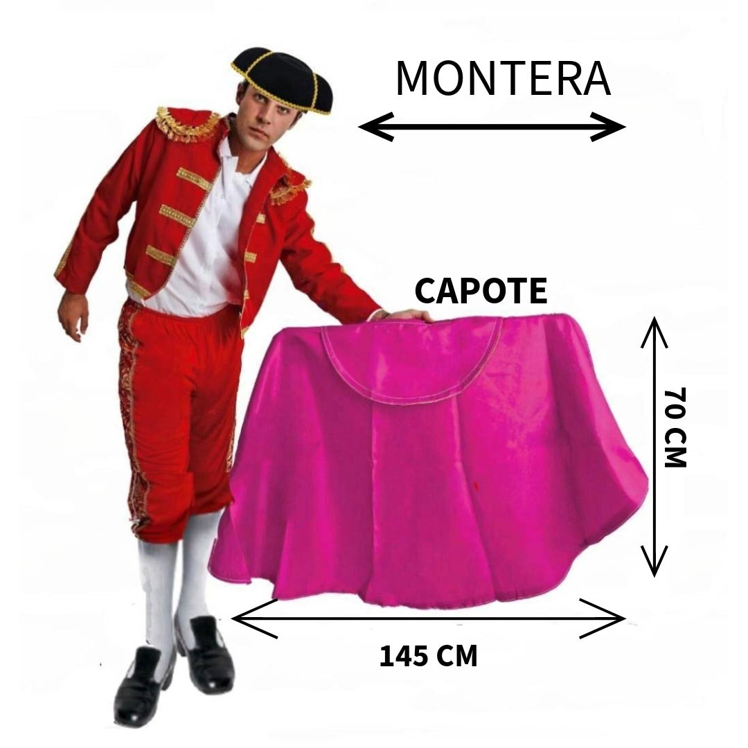 Kit Torero Español Adulto: Capote Rosa 145x70cm y Montera Ajustable para Disfraz Carnaval, Halloween y Ferias (2 Piezas)