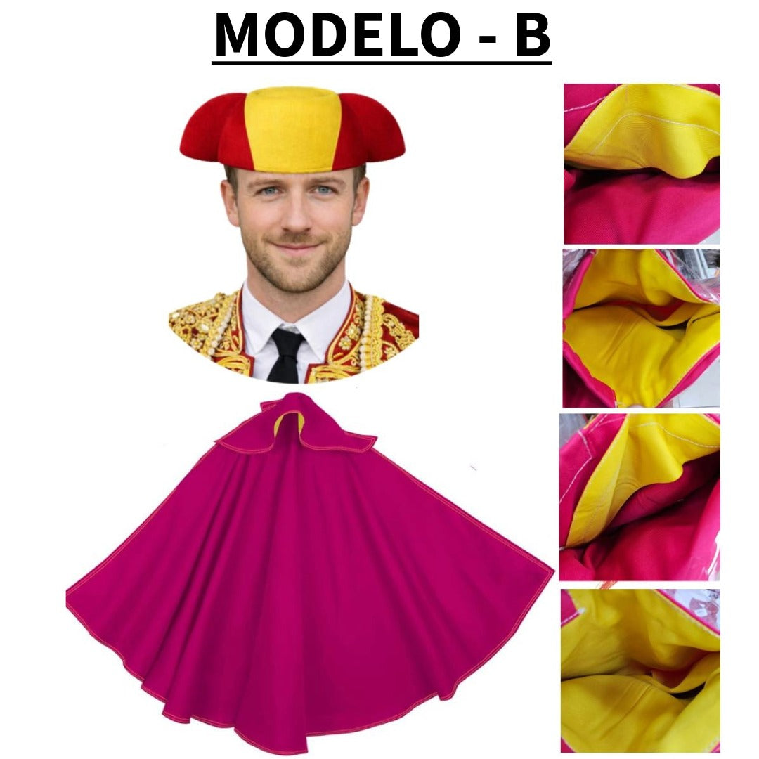 Kit Torero Español Adulto: Capote Rosa 145x70cm y Montera Ajustable para Disfraz Carnaval, Halloween y Ferias (2 Piezas)