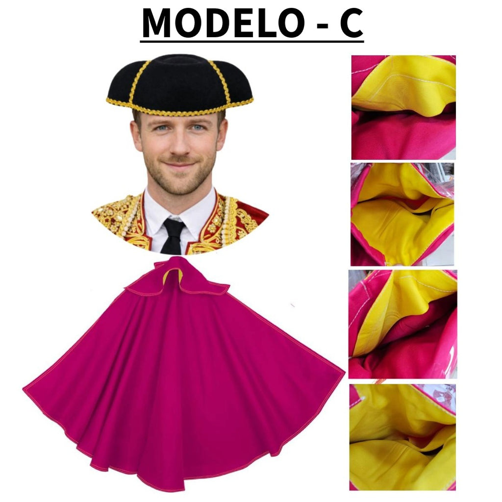 Kit Torero Español Adulto: Capote Rosa 145x70cm y Montera Ajustable para Disfraz Carnaval, Halloween y Ferias (2 Piezas)