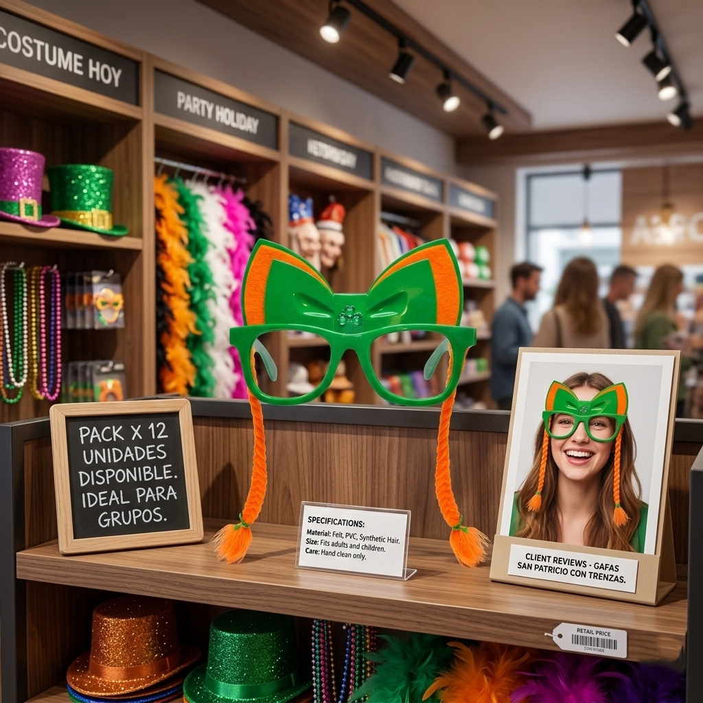Lentes de San Patricio con Trenzas y Moño – Pack x12 Unidades – Gafas de Fiesta Temática Verde para Grupos, Colegios y Eventos B2B – Accesorios Photocall Divertidos.