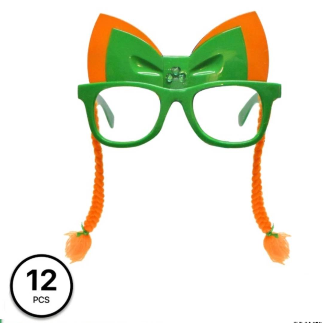 Lentes de San Patricio con Trenzas y Moño – Pack x12 Unidades – Gafas de Fiesta Temática Verde para Grupos, Colegios y Eventos B2B – Accesorios Photocall Divertidos.