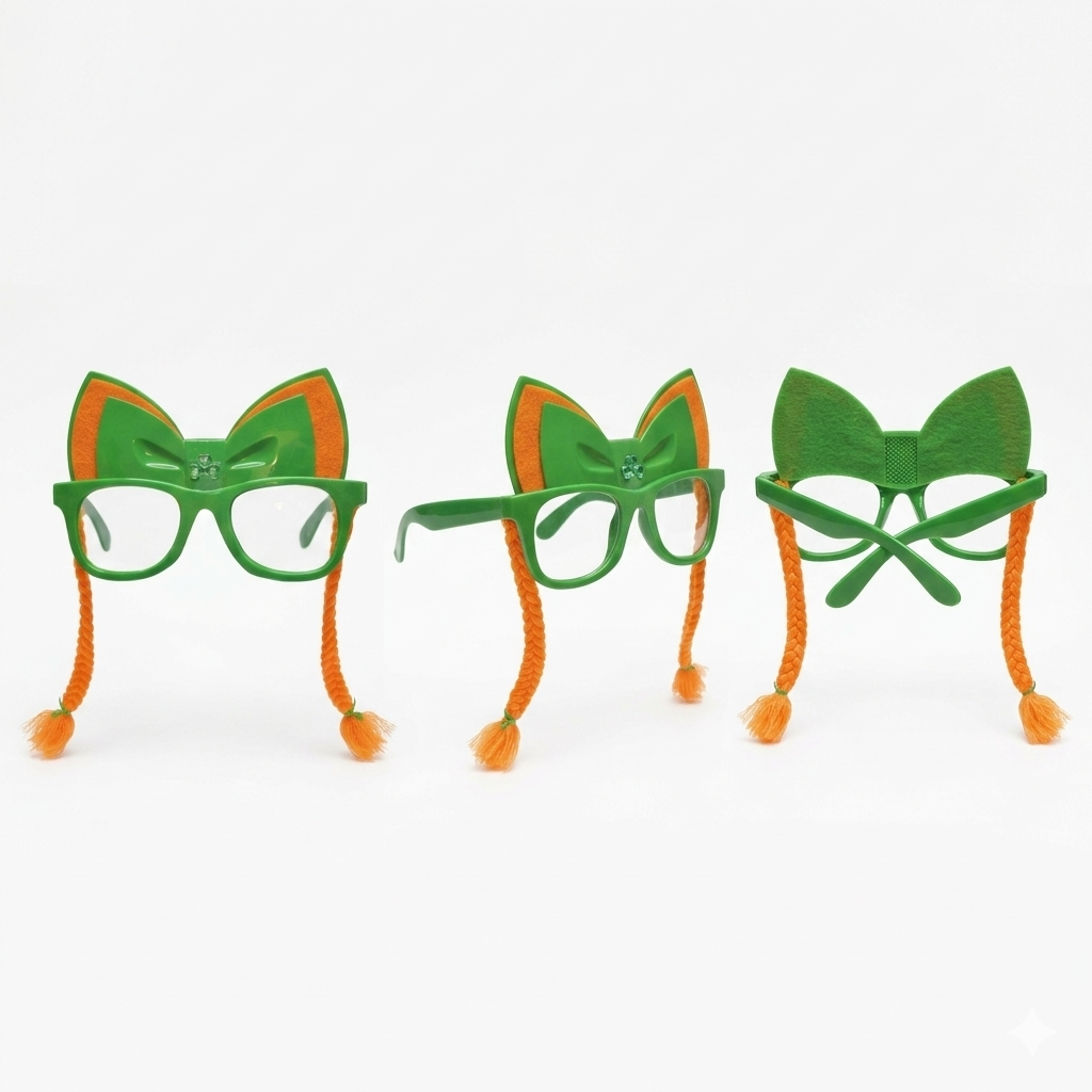 Lentes de San Patricio con Trenzas y Moño – Pack x12 Unidades – Gafas de Fiesta Temática Verde para Grupos, Colegios y Eventos B2B – Accesorios Photocall Divertidos.