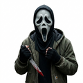 Pack Disfraz Terror Slasher - Máscara con Capucha, Guantes y Cuchillo Sangriento Falso - Talla Única Adulto y Niño - Kit Completo para Halloween, Carnaval y Fiestas Temáticas