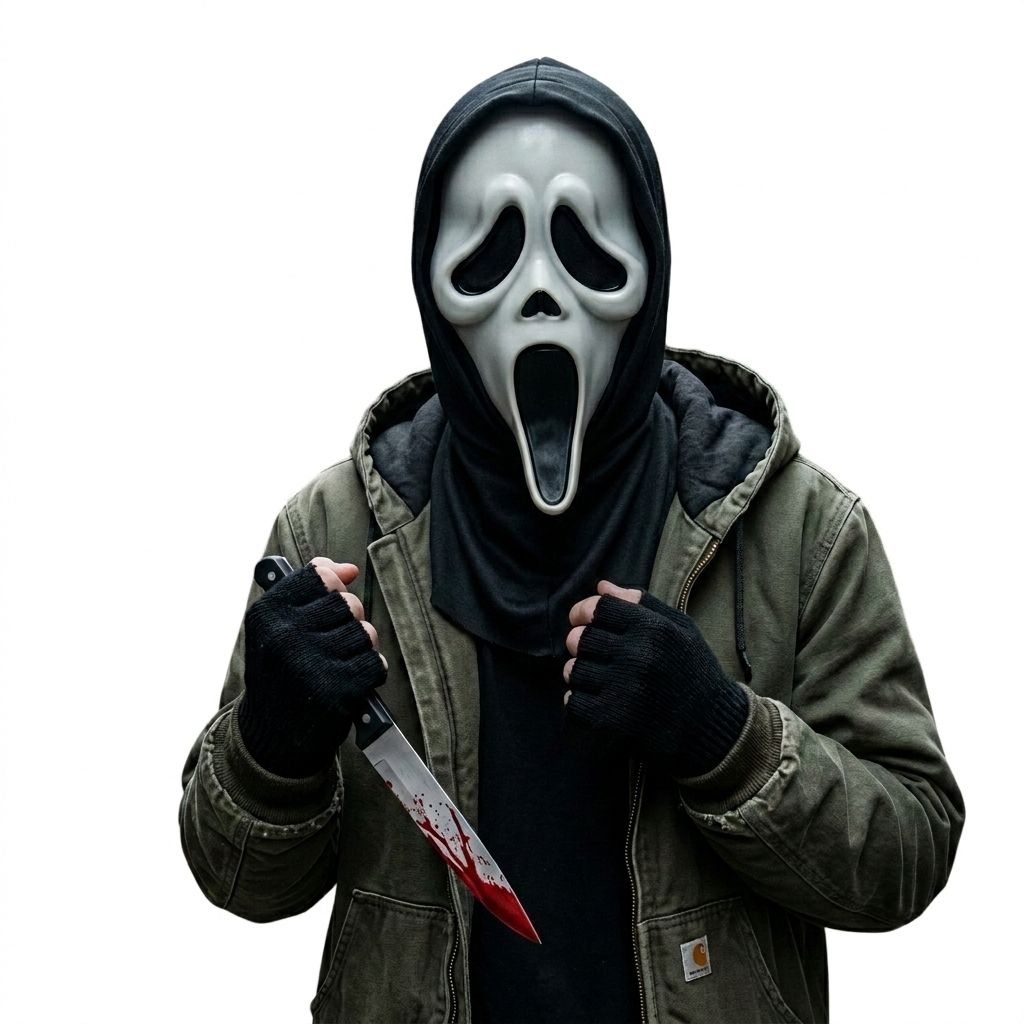 Pack Disfraz Terror Slasher - Máscara con Capucha, Guantes y Cuchillo Sangriento Falso - Talla Única Adulto y Niño - Kit Completo para Halloween, Carnaval y Fiestas Temáticas