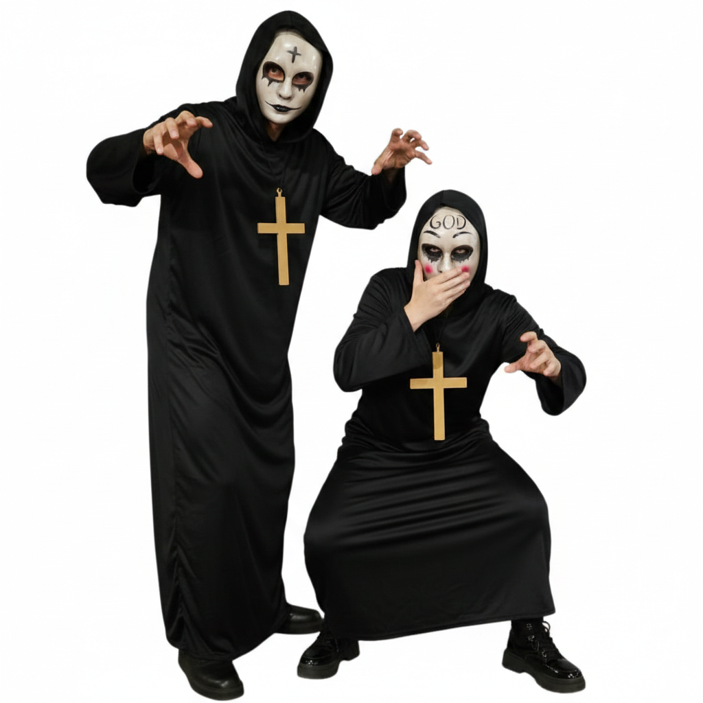 Disfraz de la Purga Parejas Supervivencia Urbana Monje Hombre y Mujer | Túnica Negra con capucha, Cruz, Máscara Halloween, Carnaval
