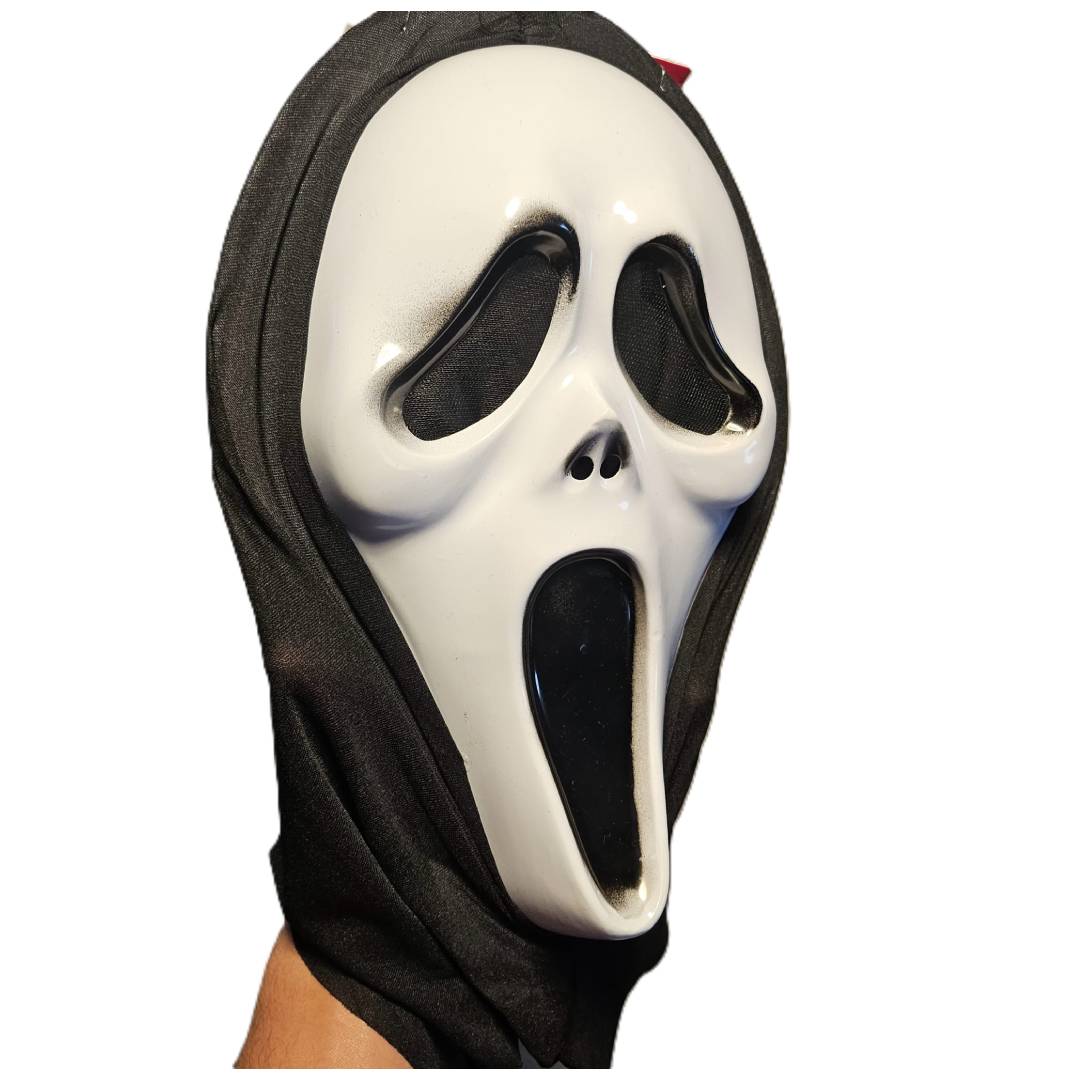 Disfraz de Asesino de Película de Terror para Adulto - Kit Completo con Túnica Negra, Máscara con Capucha, Guantes y Cuchillo Sangriento - Tallas S a XL para Halloween, Carnaval y Eventos de Miedo