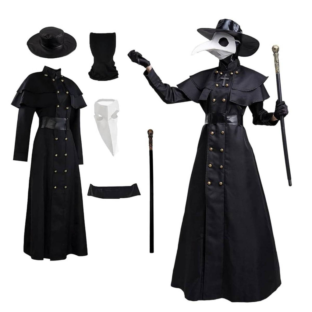Disfraz de Médico de la Peste Negra para Adulto: Traje Medieval Steampunk con Máscara de Pájaro y Sombrero Largo