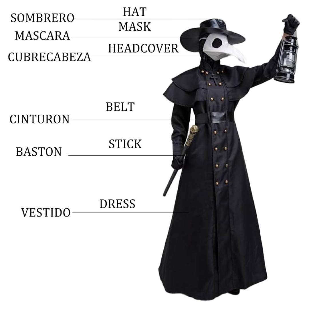 Disfraz de Médico de la Peste Negra para Adulto: Traje Medieval Steampunk con Máscara de Pájaro y Sombrero Largo