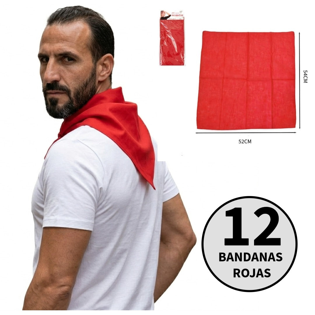 Pack 12 Pañuelos Rojos San Fermín (54x52cm) | Bandana Lisa para Peñas, Corredores y Carnaval | Lote Tradicional Multiusos