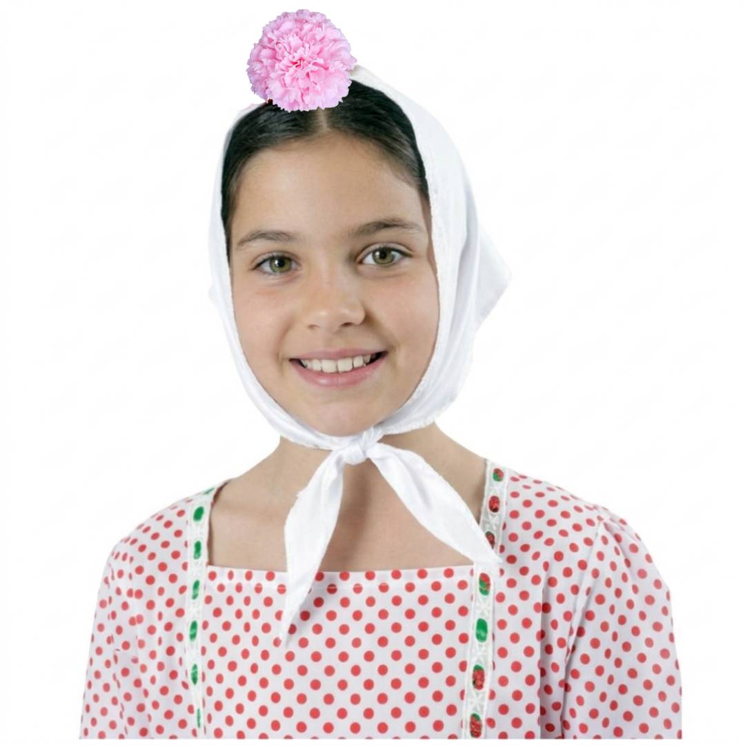 Lote 24 Accesorios Disfraz Chulapa: 12 Pañuelos Blancos + 12 Claveles (Rojo/Rosa/Blanco) para Niña. Pack Ahorro Fiesta Temática.