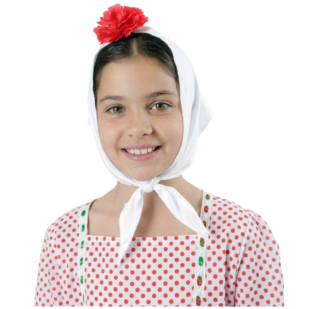 Lote 24 Accesorios Disfraz Chulapa: 12 Pañuelos Blancos + 12 Claveles (Rojo/Rosa/Blanco) para Niña. Pack Ahorro Fiesta Temática.