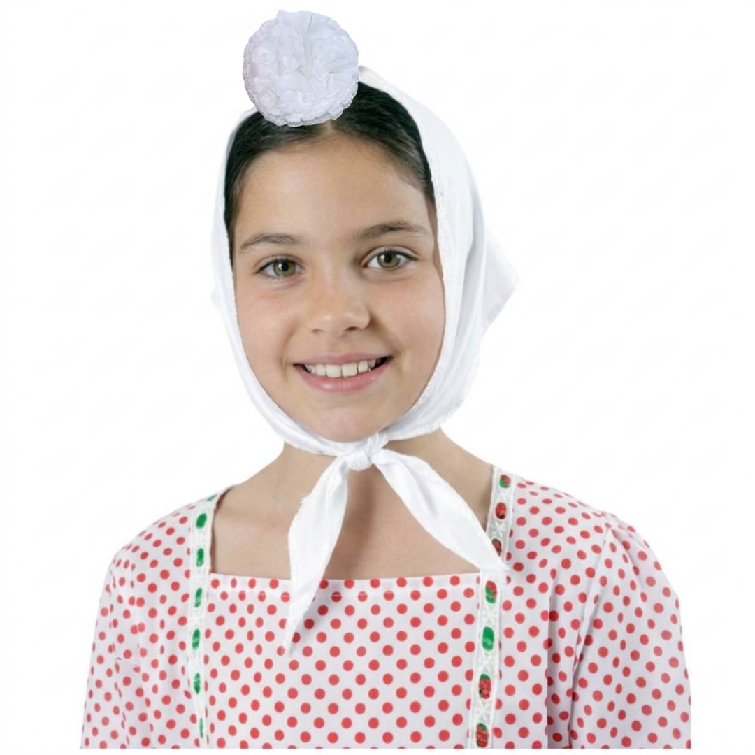 Lote 24 Accesorios Disfraz Chulapa: 12 Pañuelos Blancos + 12 Claveles (Rojo/Rosa/Blanco) para Niña. Pack Ahorro Fiesta Temática.