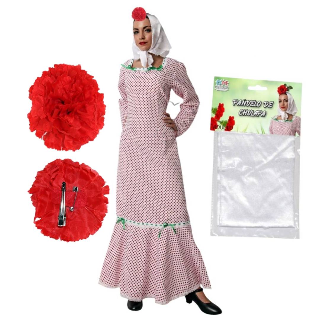 Lote 24 Accesorios Disfraz Chulapa: 12 Pañuelos Blancos + 12 Claveles (Rojo/Rosa/Blanco) para Mujer Adulto. Pack Ahorro Fiesta Temática.