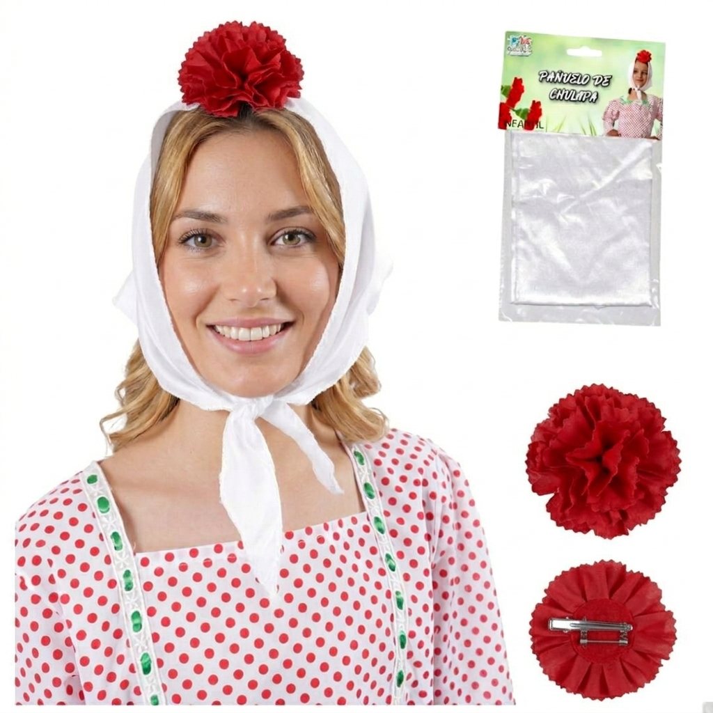Lote 24 Accesorios Disfraz Chulapa: 12 Pañuelos Blancos + 12 Claveles (Rojo/Rosa/Blanco) para Mujer Adulto. Pack Ahorro Fiesta Temática.