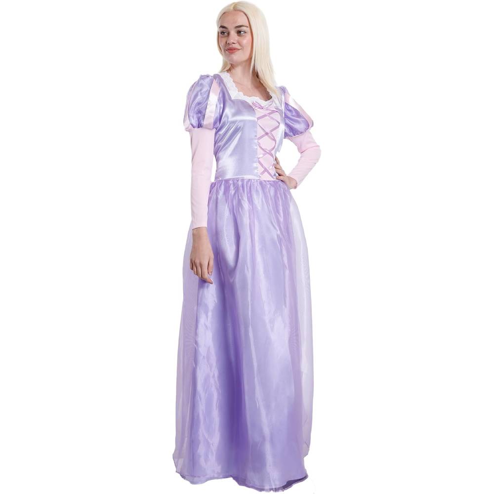 Vestido de Gala Real para Dama - Disfraz de Princesa Medieval de Lujo en Satin Lavanda | Estilo Renacentista con Corset Ajustable y Mangas de Organza | Tallas S, M, L