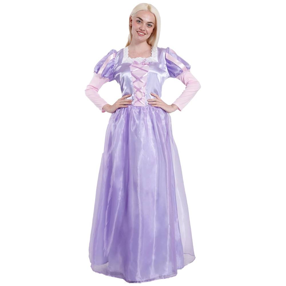 Vestido de Gala Real para Dama - Disfraz de Princesa Medieval de Lujo en Satin Lavanda | Estilo Renacentista con Corset Ajustable y Mangas de Organza | Tallas S, M, L