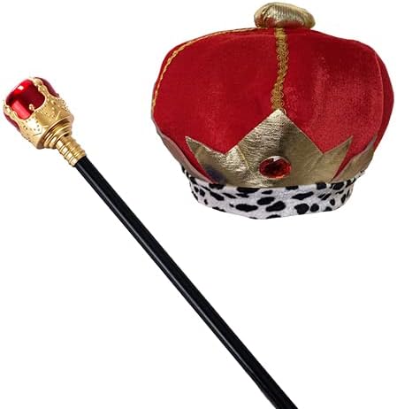Disfraz de Rey de Corazones Adulto - Chaqueta Roja, Gorro con Corona, Bastón, Bandana y Pantalón - Talla Única Carnaval, Halloween y Fiestas Temáticas