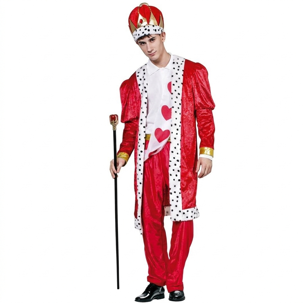 Disfraz de Rey de Corazones Adulto - Chaqueta Roja, Gorro con Corona, Bastón, Bandana y Pantalón - Talla Única Carnaval, Halloween y Fiestas Temáticas