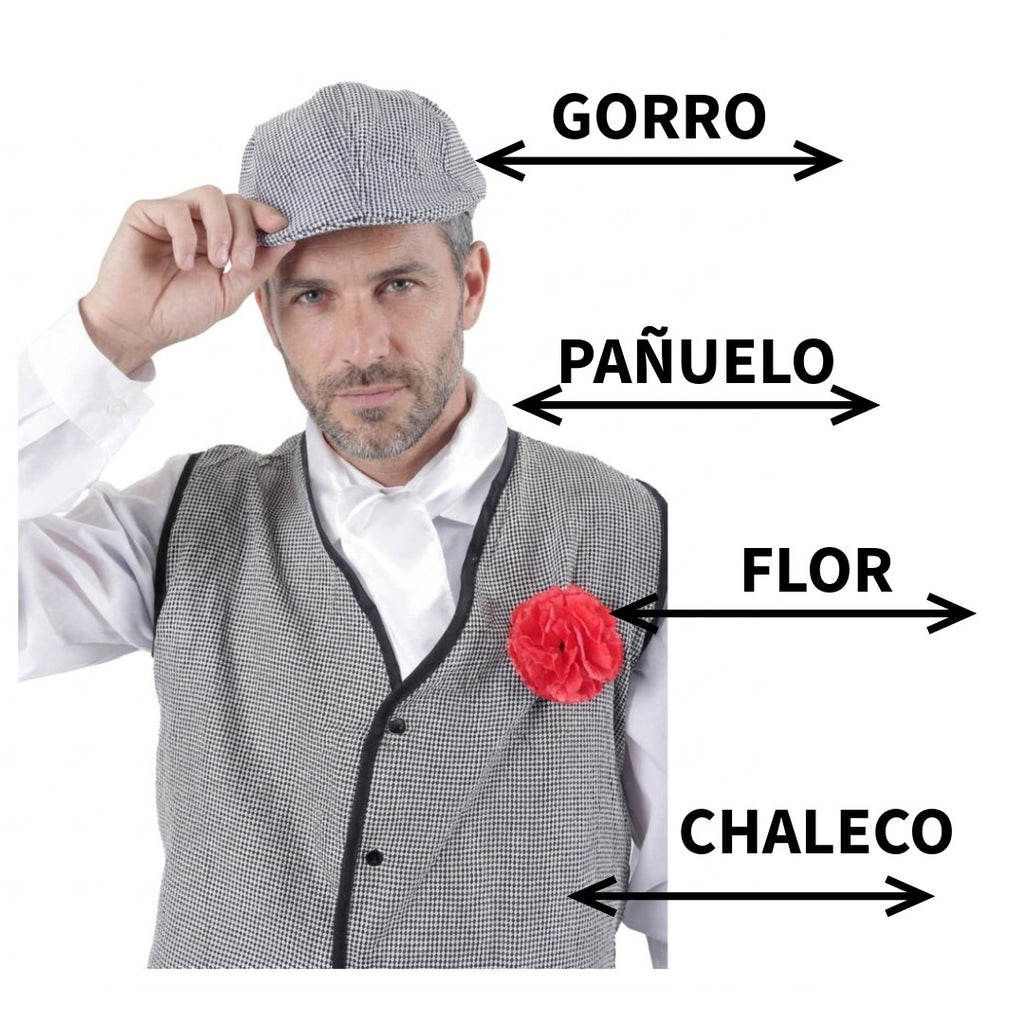 Disfraz de Chulapo Madrid Hombre Adulto 4 Piezas - Chaleco, Gorra Parpusa, Pañuelo y Clavel Rojo - San Isidro y Carnaval