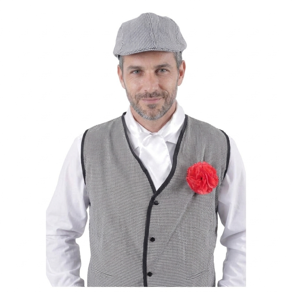 Disfraz de Chulapo Madrid Hombre Adulto 4 Piezas - Chaleco, Gorra Parpusa, Pañuelo y Clavel Rojo - San Isidro y Carnaval