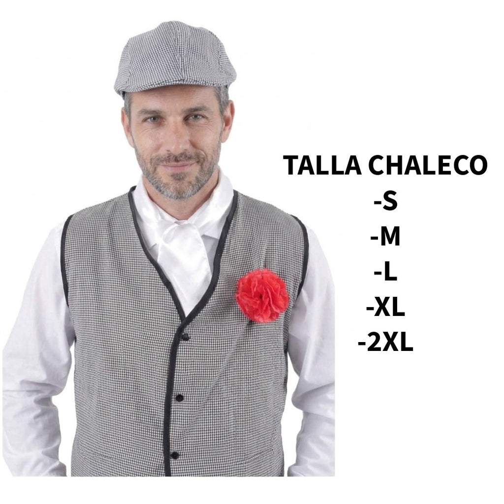 Disfraz de Chulapo Madrid Hombre Adulto 4 Piezas - Chaleco, Gorra Parpusa, Pañuelo y Clavel Rojo - San Isidro y Carnaval