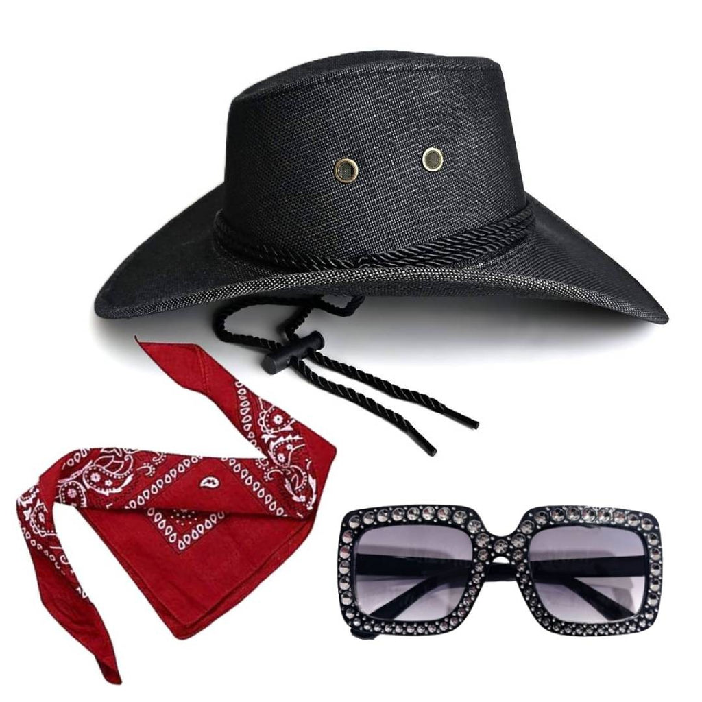 Pack Cowboy Premium Unisex - Sombrero Vaquero Ajustable, Gafas de Sol de Lujo con Cristales y Bandana Western - Set Completo para Festivales, Carnaval, Halloween y Eventos Temáticos - Talla Única Adulto.