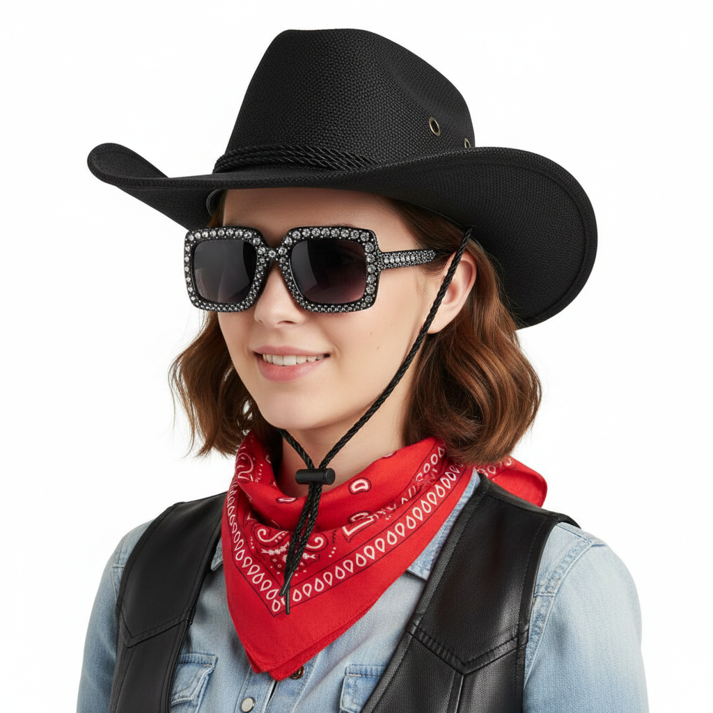 Pack Cowboy Premium Unisex - Sombrero Vaquero Ajustable, Gafas de Sol de Lujo con Cristales y Bandana Western - Set Completo para Festivales, Carnaval, Halloween y Eventos Temáticos - Talla Única Adulto.
