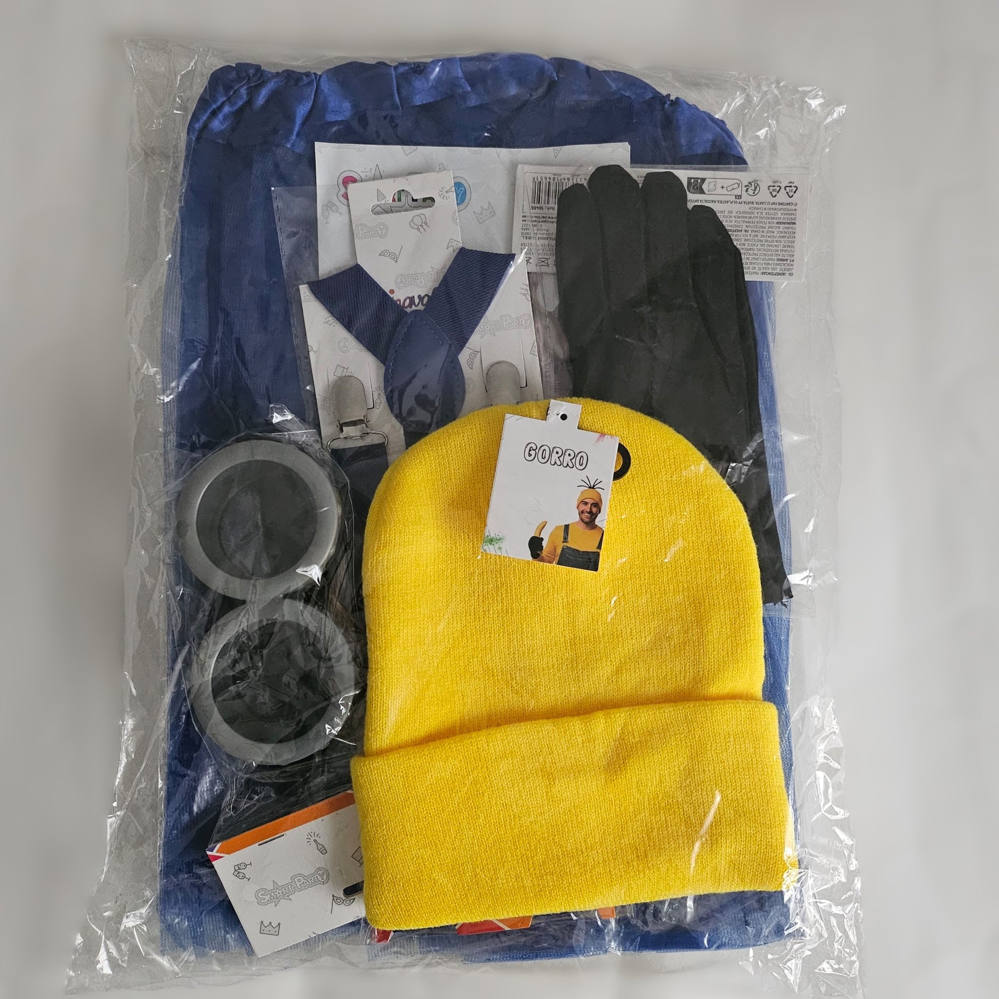 Set de Disfraz Amarillo y Azul para Mujer: Tutú 40cm, Gafas de Goggles, Gorro, Tirantes y Guantes - Kit Fiesta 5 Pzs