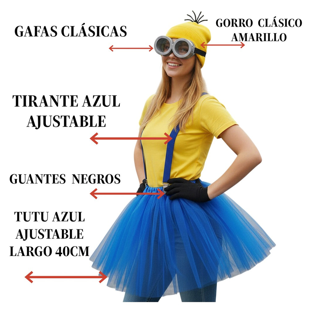 Set de Disfraz Amarillo y Azul para Mujer: Tutú 40cm, Gafas de Goggles, Gorro, Tirantes y Guantes - Kit Fiesta 5 Pzs