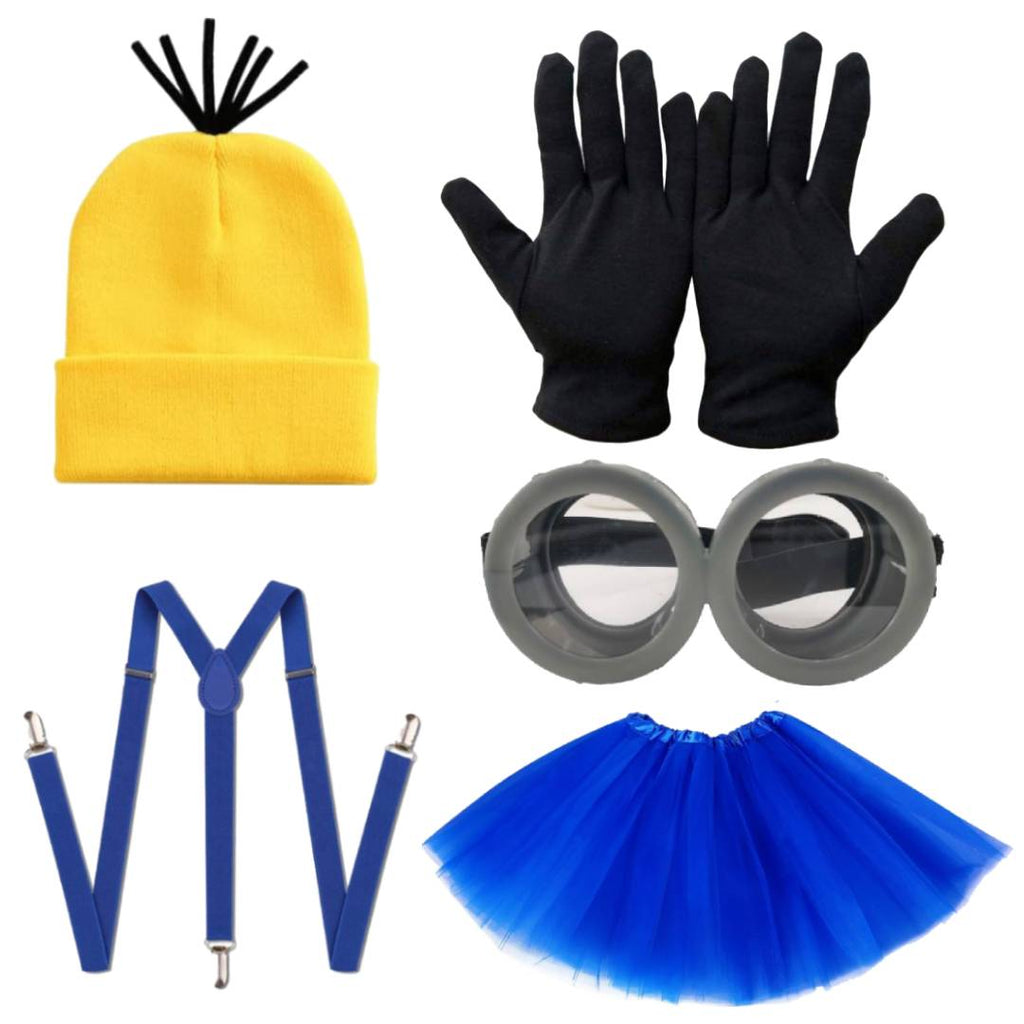 Set de Disfraz Amarillo y Azul para Mujer: Tutú 40cm, Gafas de Goggles, Gorro, Tirantes y Guantes - Kit Fiesta 5 Pzs