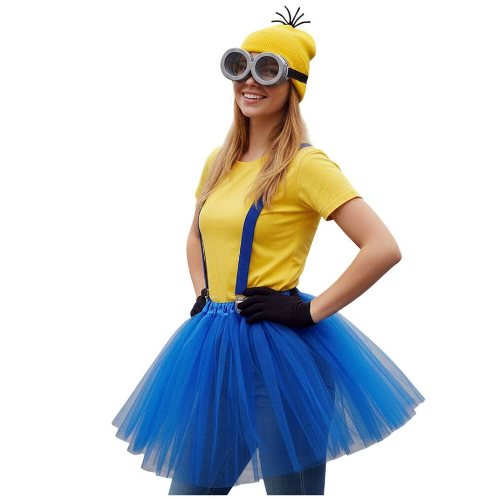 Set de Disfraz Amarillo y Azul para Mujer: Tutú 40cm, Gafas de Goggles, Gorro, Tirantes y Guantes - Kit Fiesta 5 Pzs