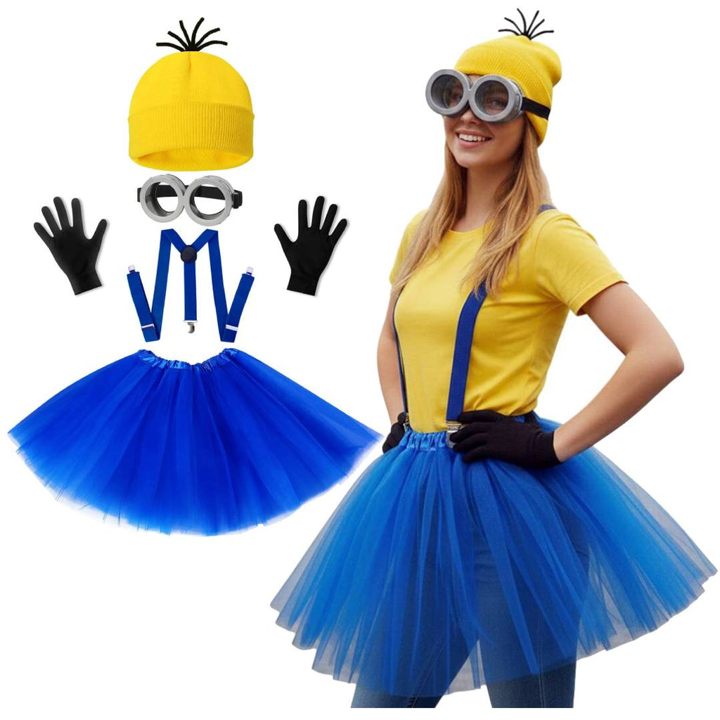 Set de Disfraz Amarillo y Azul para Mujer: Tutú 40cm, Gafas de Goggles, Gorro, Tirantes y Guantes - Kit Fiesta 5 Pzs