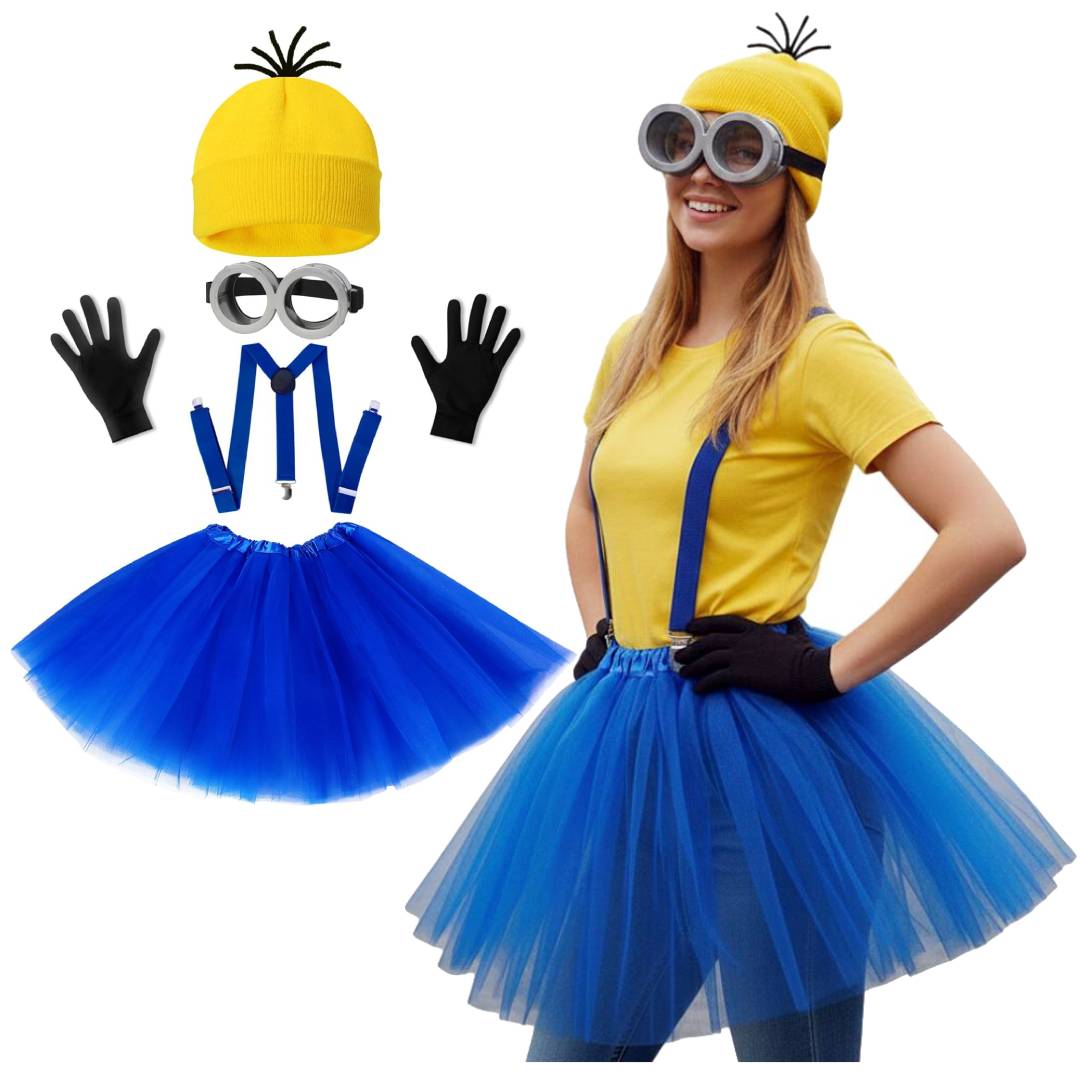 Set de Disfraz Amarillo y Azul para Mujer: Tutú 40cm, Gafas de Goggles, Gorro, Tirantes y Guantes - Kit Fiesta 5 Pzs