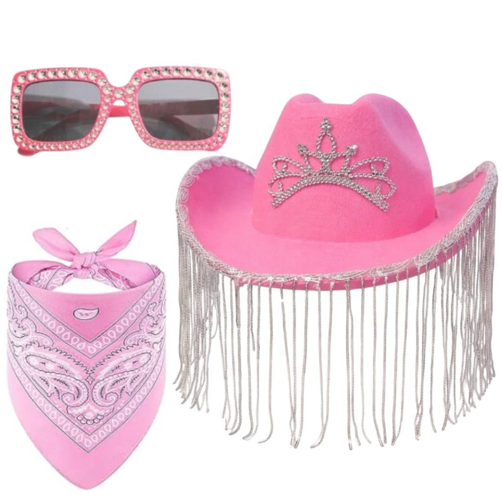 Pack Disfraz Vaquera Rosa Premium: Sombrero Cowgirl con Flecos Brillantes y Corona, Gafas de Sol Retro con Strass y Bandana Paisley - Kit Completo Talla Única Adulto - Ideal Carnaval, Festivales, Despedidas y Fiestas Temáticas