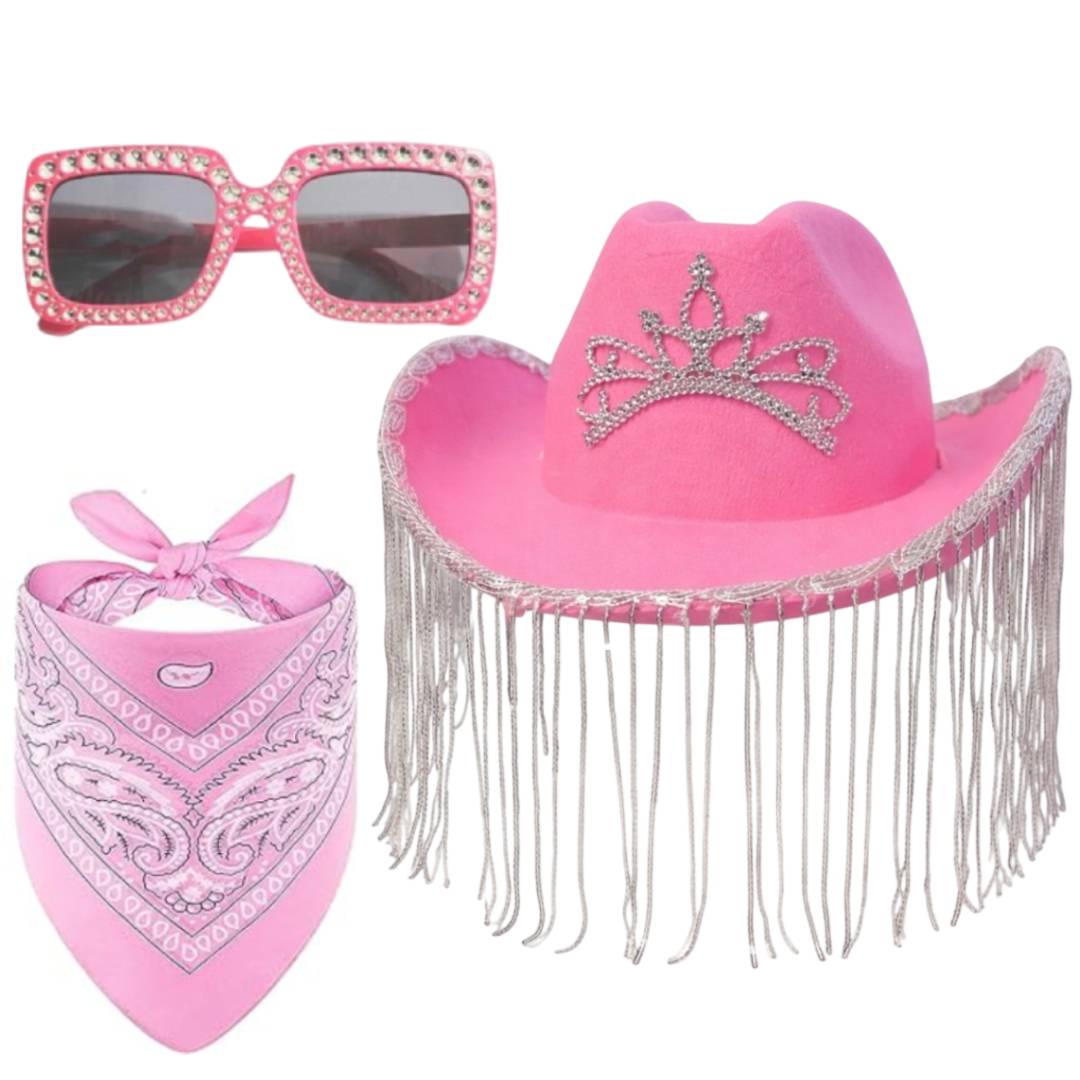 Pack Disfraz Vaquera Rosa Premium: Sombrero Cowgirl con Flecos Brillantes y Corona, Gafas de Sol Retro con Strass y Bandana Paisley - Kit Completo Talla Única Adulto - Ideal Carnaval, Festivales, Despedidas y Fiestas Temáticas