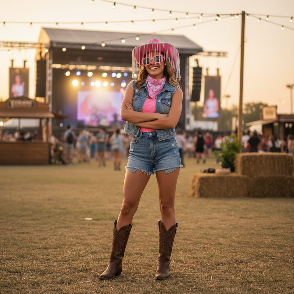Pack Disfraz Vaquera Rosa Premium: Sombrero Cowgirl con Flecos Brillantes y Corona, Gafas de Sol Retro con Strass y Bandana Paisley - Kit Completo Talla Única Adulto - Ideal Carnaval, Festivales, Despedidas y Fiestas Temáticas