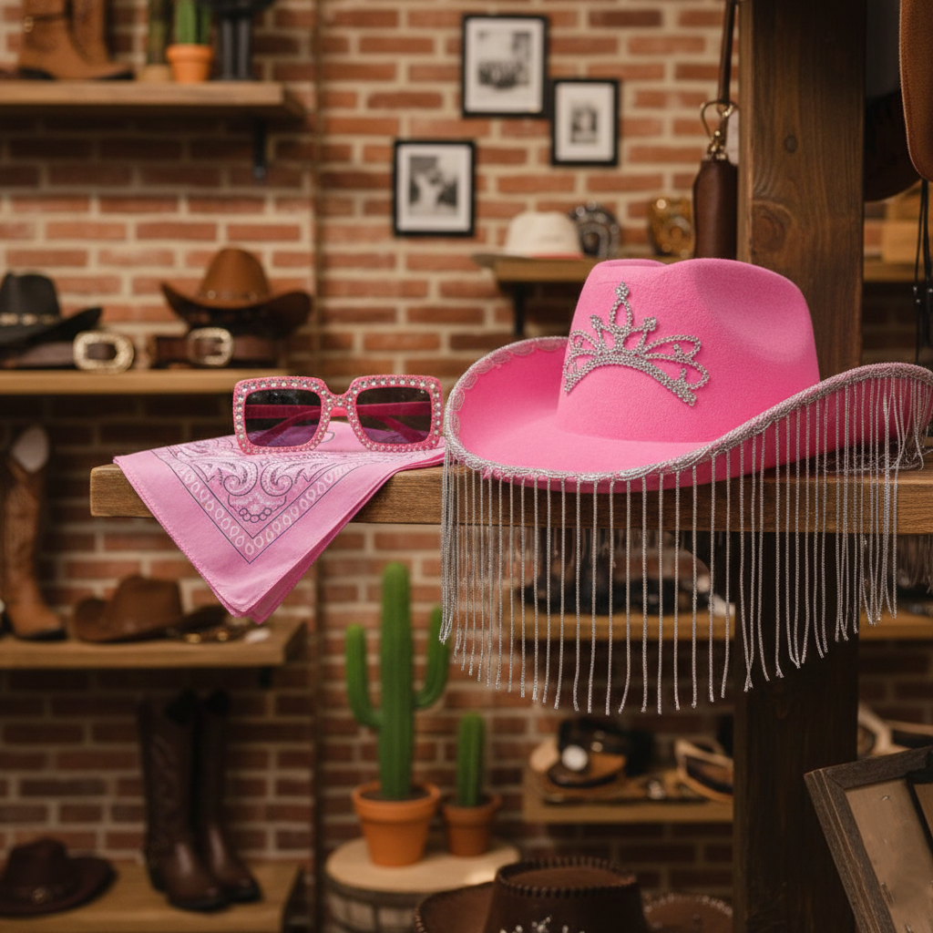 Pack Disfraz Vaquera Rosa Premium: Sombrero Cowgirl con Flecos Brillantes y Corona, Gafas de Sol Retro con Strass y Bandana Paisley - Kit Completo Talla Única Adulto - Ideal Carnaval, Festivales, Despedidas y Fiestas Temáticas