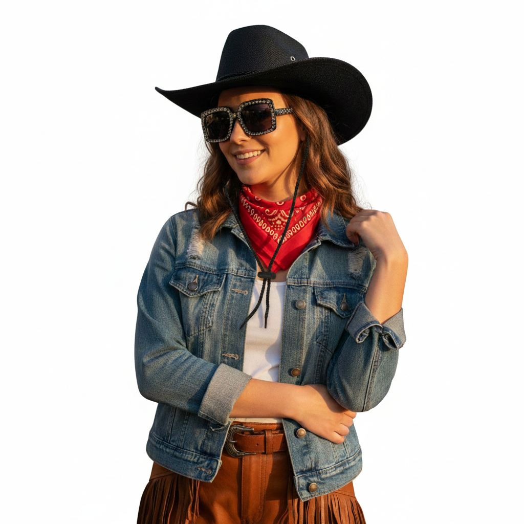 Pack Cowboy Premium Unisex - Sombrero Vaquero Ajustable, Gafas de Sol de Lujo con Cristales y Bandana Western - Set Completo para Festivales, Carnaval, Halloween y Eventos Temáticos - Talla Única Adulto.