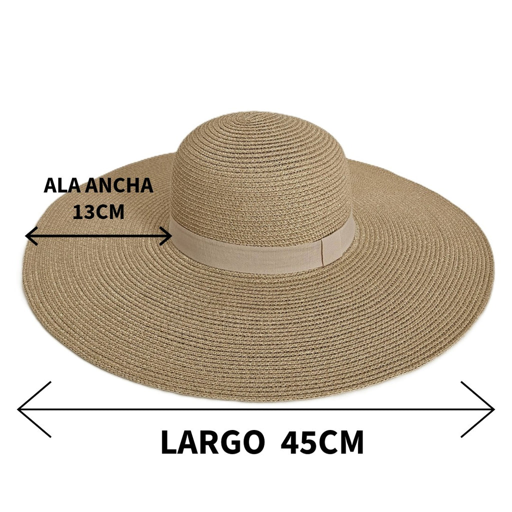 Pamela de Paja Elegante Mujer Ala Ancha 13cm, Sombrero Sol Playa y Eventos, Calidad Premium Talla Única Ajustable