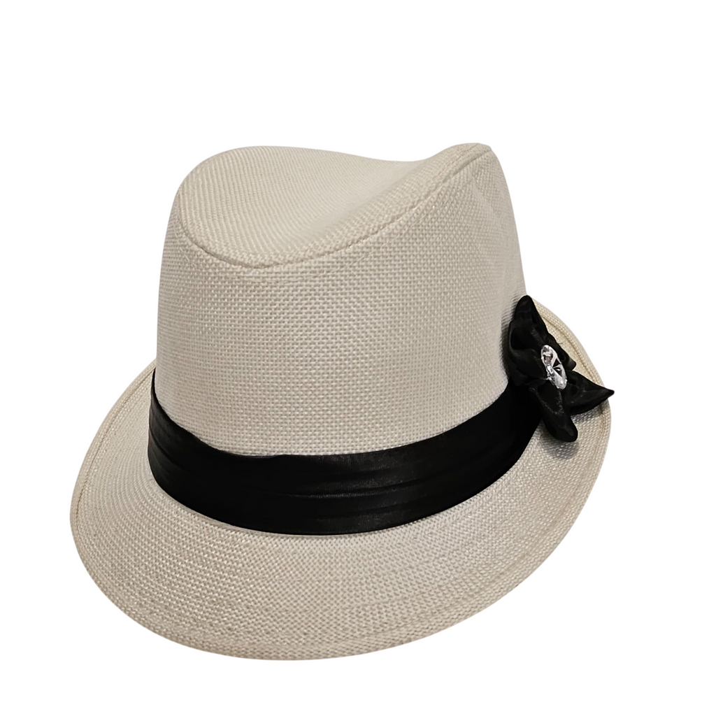 Sombrero de Paja de Verano para Mujer | Gorro de Sol Ala Corta Playa, Talla Única Ajustable (57-58cm) con Lazo Elegante y Pedrería - Blanco