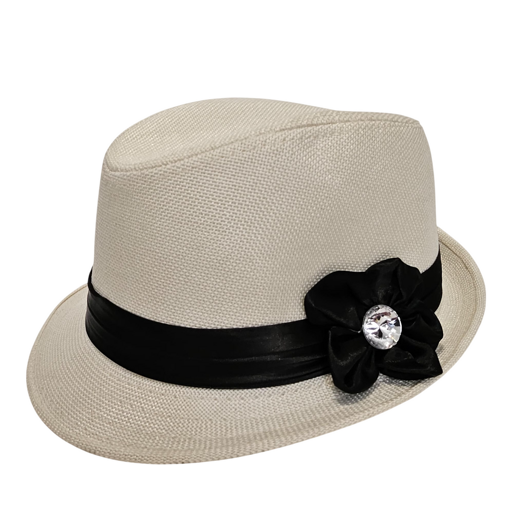 Sombrero de Paja de Verano para Mujer | Gorro de Sol Ala Corta Playa, Talla Única Ajustable (57-58cm) con Lazo Elegante y Pedrería - Blanco