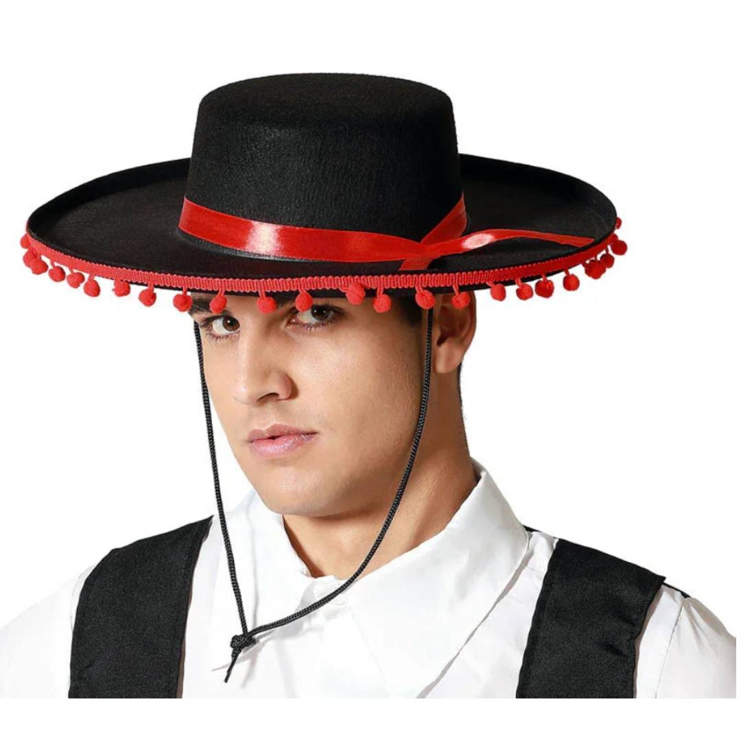 Sombrero Cordobés con Madroños y Cinta Roja - Gorro de Fieltro Ajustable para Niños y Adultos - Disfraz Tradicional