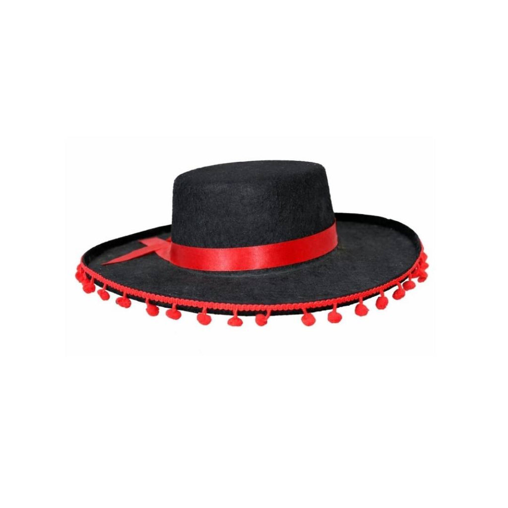 Sombrero Cordobés con Madroños y Cinta Roja - Gorro de Fieltro Ajustable para Niños y Adultos - Disfraz Tradicional