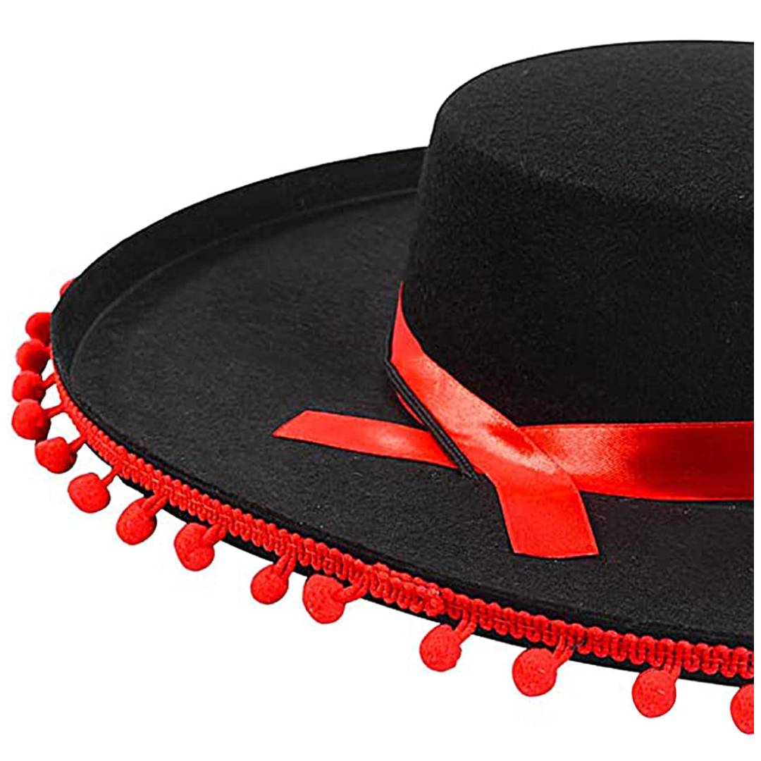 Sombrero Cordobés con Madroños y Cinta Roja - Gorro de Fieltro Ajustable para Niños y Adultos - Disfraz Tradicional